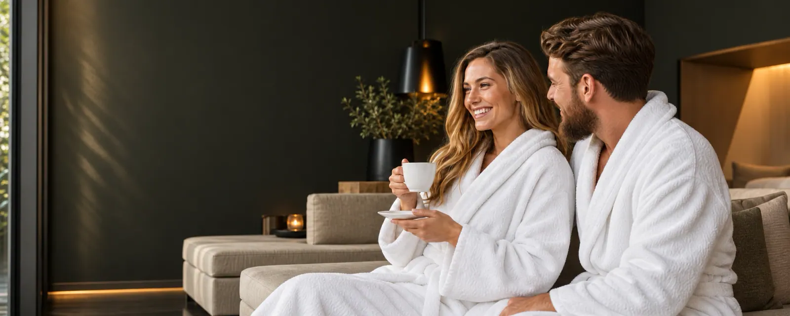 Пара отдыхает за чаем после SPA